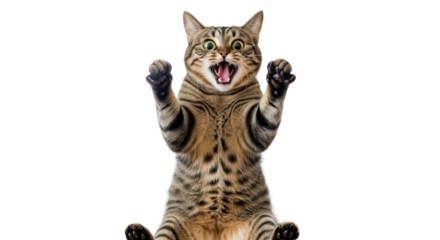 Excited tabby cat with paws up and mouth open isolated PNG with Transparent Background