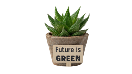PNG of A vibrant green succulent in a rustic pot, symbolizing growth with a sign that reads 'Future is GREEN'.