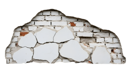 Cracked white plaster revealing weathered brick wall texture isolated on a transparent background image