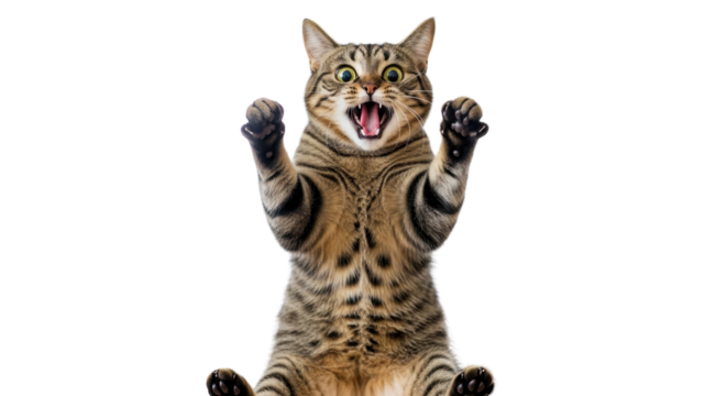 Excited tabby cat with paws up and mouth open isolated PNG with Transparent Background