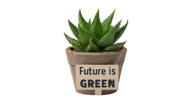 PNG of A vibrant green succulent in a rustic pot, symbolizing growth with a sign that reads 'Future is GREEN'.