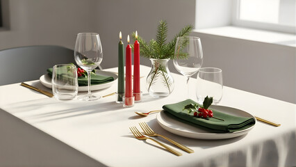 Fototapeta premium Elegant Dining Table With Porcelain Plates and Fine Stemware