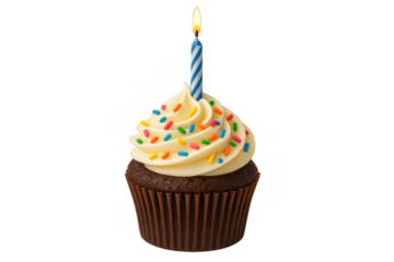 Birthday cupcake with lit candle and colorful sprinkles, celebrating a special occasion, transparent background