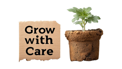 PNG of A young plant sprouts from a textured pot, symbolizing growth and care.