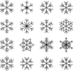 Obraz premium Set of sixteen different snowflake vector icons, clean black outline winter symbols for decoration, seasonal backgrounds, and graphic design.