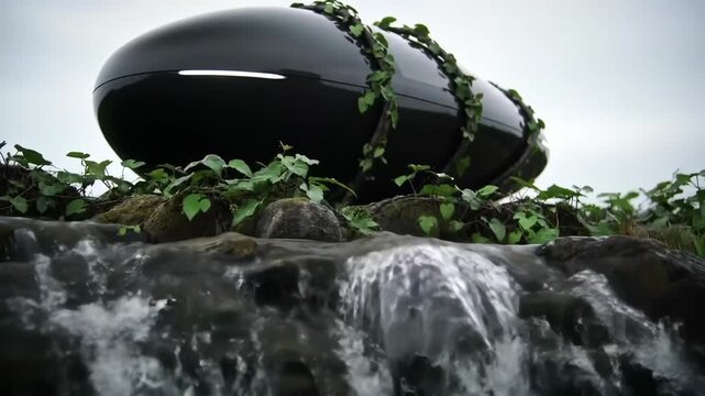 Abstract futuristic egg-shaped tech rests by waterfall amidst nature and green plants, technology landscape, future concept, innovation, surreal.
