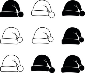 Set of black and white christmas santa hat icons. vector illustration for holiday graphic design, decoration, and web elements.