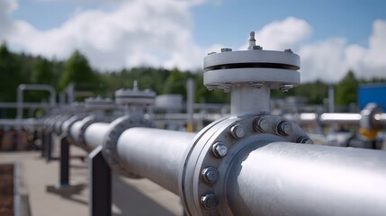 A detailed close up view of a robust industrial pipeline system featuring bolted flanges and junction valves set against a natural outdoor backdrop