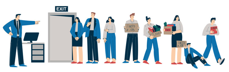 Unemployment Social Problem with Employer and Fired Employee Vector Set