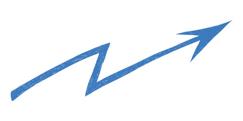 Hand drawn crayon movement blue arrow. Grunge squiggly arrow. Pencil chalk lines sketch. Color brush scribble element. Doodle vector illustration.