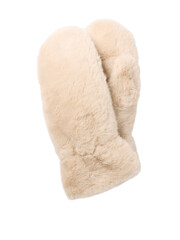 Pair of fluffy cream colored wool mittens for winter warmth isolated on transparent background