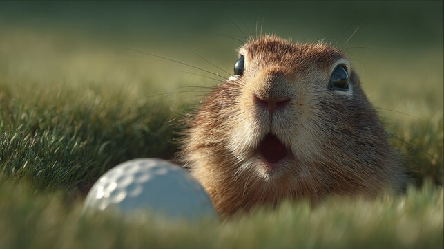 A surprised prairie dog looking at a golf ball in the grass. This charming scene captures a moment of curiosity