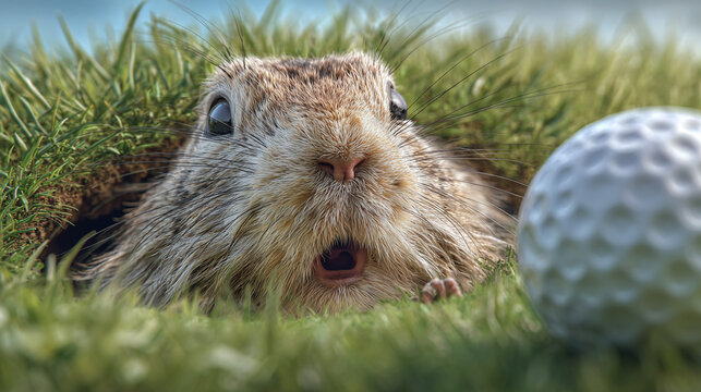 A curious groundhog peeks out of its burrow, next to a golf ball, in a vibrant green setting