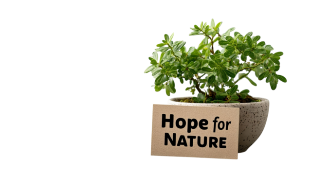 PNG of A vibrant green plant in a textured pot, accompanied by a sign reading 'Hope for Nature', symbolizing environmental awareness.