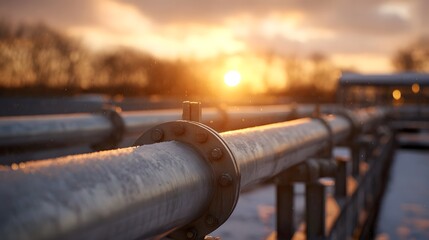 Industrial pipeline system stretching into the warm glow of a setting sun on a cold snowy day