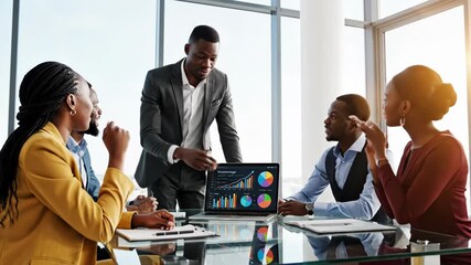 Black business professional pointing at growth chart on laptop screen during meeting with diverse team in modern office - Powered by Adobe