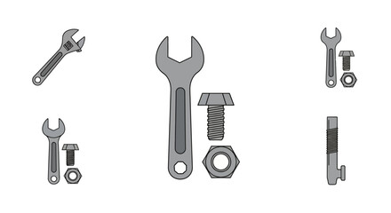 Obraz premium Assorted gray flat design wrenches, bolts, and nuts vector illustrations for mechanical work.