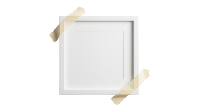 Blank white square picture frame held by sticky tape isolated PNG with Transparent Background