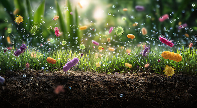 Explore the microscopic realm of soil teeming with life, bacteria, and microbes in lush grass