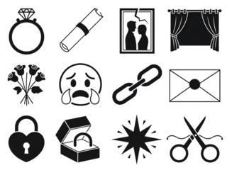 Collection of wedding and romance icons in black isolated on transparent background