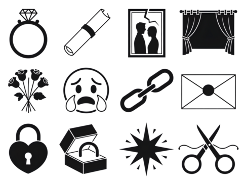 Collection of wedding and romance icons in black isolated on transparent background