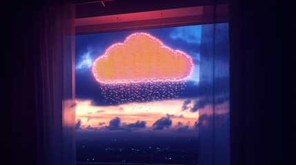 Illuminated cloud formation with rain against a city skyline at twilight.