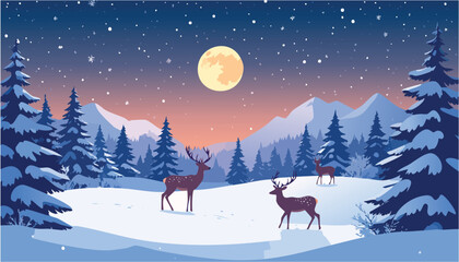 Fototapeta premium Deers stand in a peaceful snowy winter forest under a full moon.