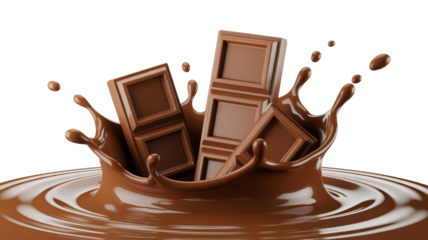 Chocolate splash close up shot of delicious milk dessert with liquid drop effect on transparent background sweet treat chunks blocks pieces square milky cacao taste dark food