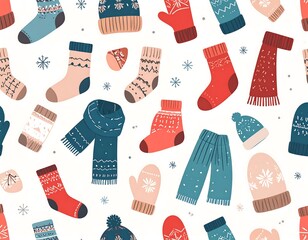 Winter clothes seamless pattern featuring cozy garments and snowflake elements