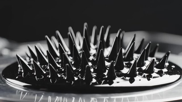 Ferrofluid Forms Spikes in a Magnetic Field, Close Up View in Studio