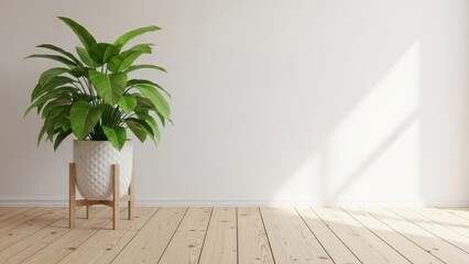 A lush green potted plant casts a shadow on a sunlit wall with wooden flooring