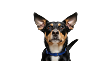 Close-up portrait of a black and tan Terrier dog wearing a blue collar isolated PNG with Transparent Background