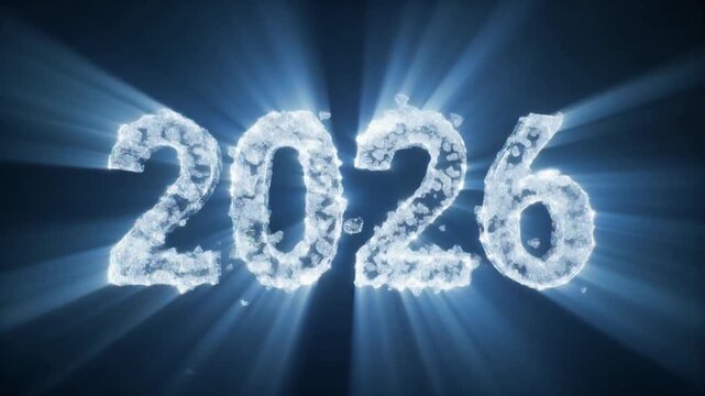 2026 ice shards exploding light rays dark background abstract celebration countdown future new