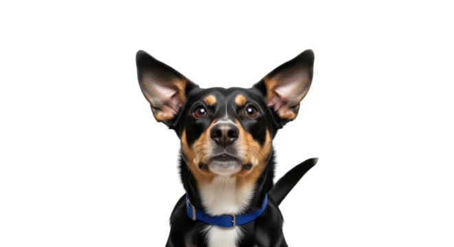 Close-up portrait of a black and tan Terrier dog wearing a blue collar isolated PNG with Transparent Background - Powered by Adobe