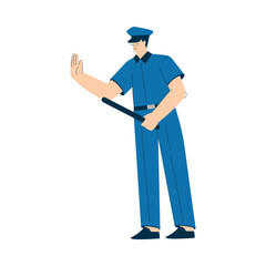 Man Police Officer or Cop in Blue Uniform with Baton Standing Vector Illustration