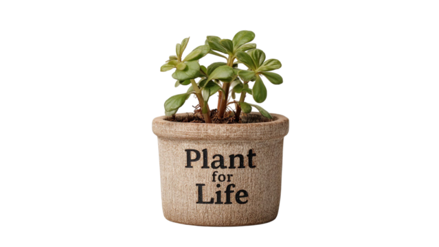 PNG of A charming potted plant with the phrase 'Plant for Life' displayed, symbolizing growth and care.