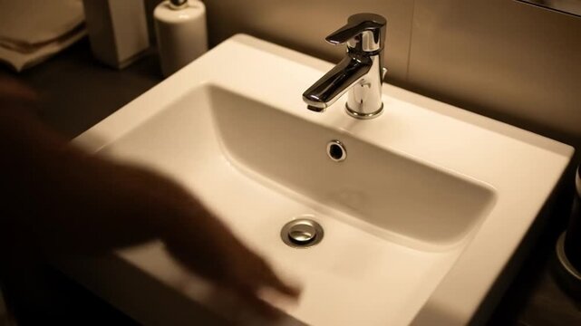 A person interacting with a bathroom sink in a sequence of frames focused on hygiene and daily