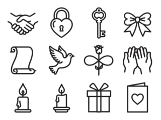 Set of hand drawn wedding and love icons isolated on transparent background