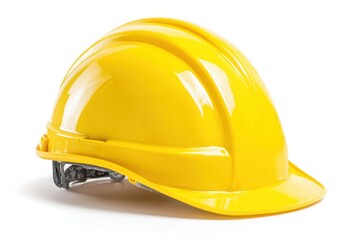 A bright yellow construction hard hat sits on a white background, ready for work.