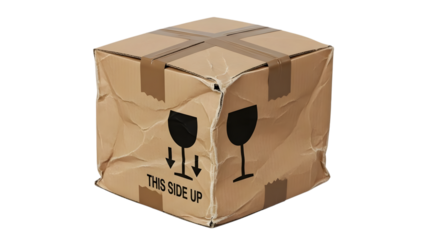 Damaged Cardboard Shipping Box with Fragile Symbols and This Side Up Label isolated on a transparent background