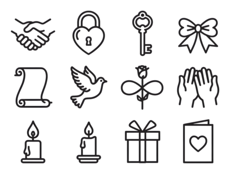 Set of hand drawn wedding and love icons isolated on transparent background