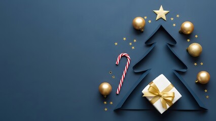 Minimalist christmas tree made of ribbon with gold ornaments and gift