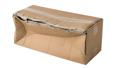 Damaged cardboard shipping box with torn edges and crushed sides isolated on a transparent background