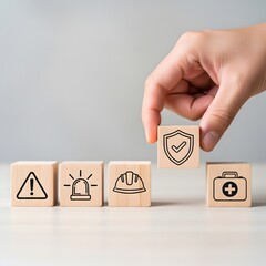 Hand placing safety icon block in row of hazard symbols