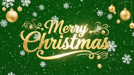 Golden Merry Christmas text sparkles against a festive green backdrop with falling snowflakes creating a holiday celebration mood
