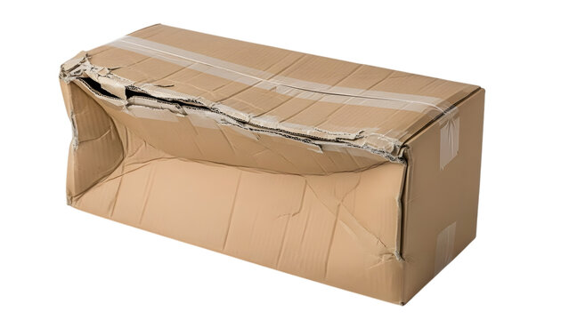 Damaged cardboard shipping box with torn edges and crushed sides isolated on a transparent background