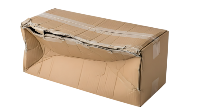 Damaged cardboard shipping box with torn edges and crushed sides isolated on a transparent background