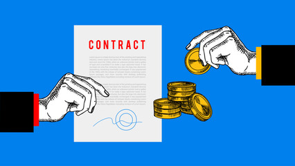 Trendy collage of sketch hands, contract and salary. Legal agreement, business, law, partnership, HR, finance, banking, insurance, real estate concept. Engraved hand drawn vector illustration.