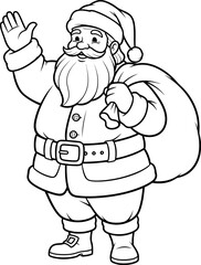 Full body standing santa claus cartoon character waving hand and carrying a big sack of gifts, black and white outline vector illustration.