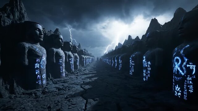 A storm rages over a stone path lined with towering statues bearing ancient inscriptions, set amidst stark, rocky terrain. Lightning strikes